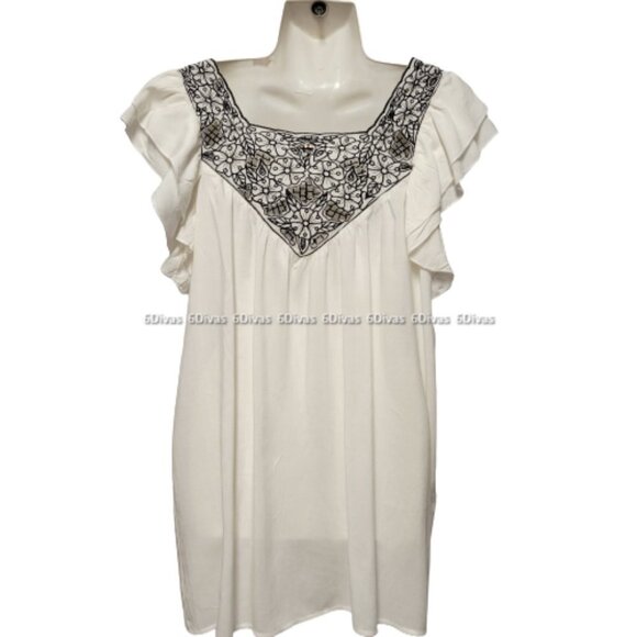 𝅺WHITE Cotton Short Sleeve Black Lace Blouse Various Sizes M L XL- NWT - Picture 2 of 12